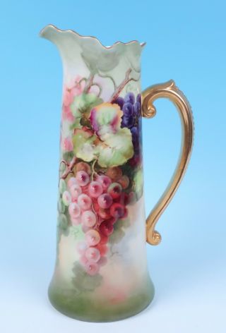 Large 15 " Pouyat Limoges Hand Painted Tankard Pitcher Antique French Porcelain