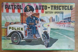 Vintage Nomura Japan Police Patrol Auto - Tricycle Tin Battery Operated w/ Box 10