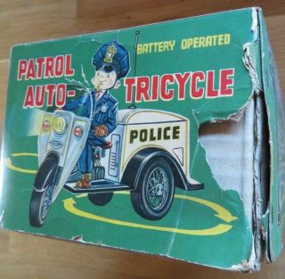 Vintage Nomura Japan Police Patrol Auto - Tricycle Tin Battery Operated w/ Box 11