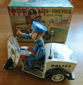Vintage Nomura Japan Police Patrol Auto - Tricycle Tin Battery Operated W/ Box