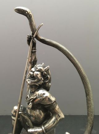 Japanese Meiji Bronze Silvered Okimono - Oni Catching Snake 10