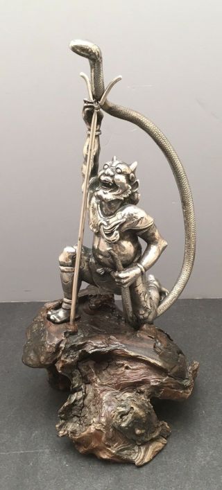 Japanese Meiji Bronze Silvered Okimono - Oni Catching Snake 2