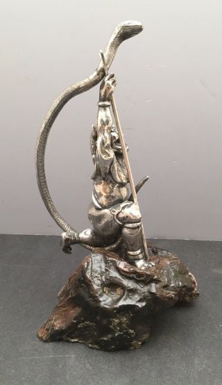 Japanese Meiji Bronze Silvered Okimono - Oni Catching Snake 3