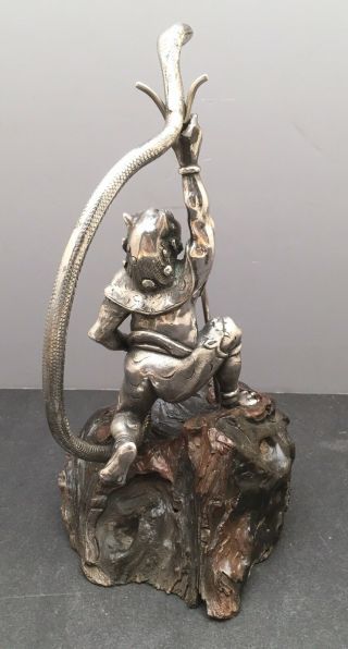 Japanese Meiji Bronze Silvered Okimono - Oni Catching Snake 4