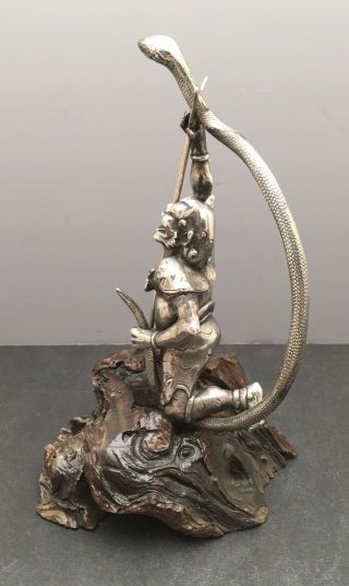 Japanese Meiji Bronze Silvered Okimono - Oni Catching Snake 5