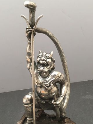 Japanese Meiji Bronze Silvered Okimono - Oni Catching Snake 6