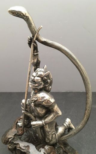 Japanese Meiji Bronze Silvered Okimono - Oni Catching Snake 8