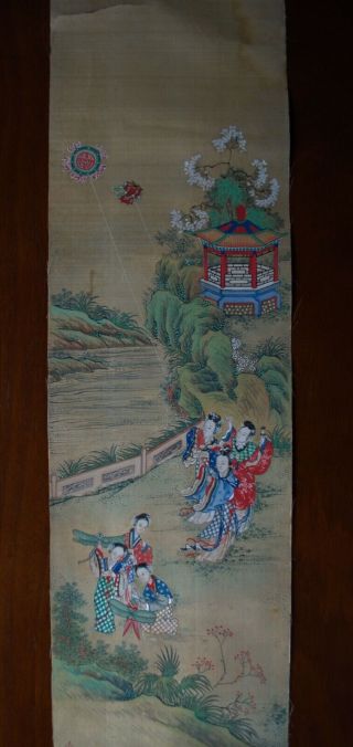 Three Vintage Old Chinese Hand Painted On Fabric Scrolls Panels