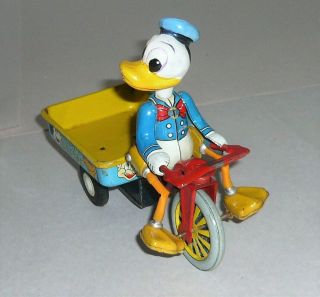 VINTAGE MARX MICKEY ' S DELIVERY DONALD DUCK ON BICYCLE PULLING CART TIN TOY 3