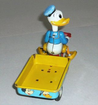 VINTAGE MARX MICKEY ' S DELIVERY DONALD DUCK ON BICYCLE PULLING CART TIN TOY 4