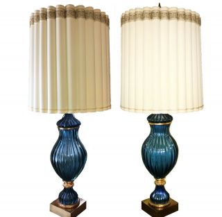 Vintage Mid - Century Seguso Blue Murano Glass Marbro Table Lamps C.  1950s