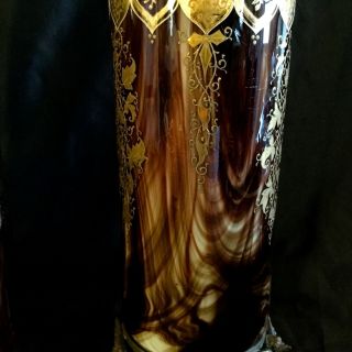 ANTIQUE MOSER PAIR HUGE GLASS VASES,  BRONZE BOTTOM GOLD & ENAMEL DECORATION. 10