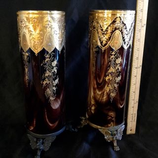 ANTIQUE MOSER PAIR HUGE GLASS VASES,  BRONZE BOTTOM GOLD & ENAMEL DECORATION. 11