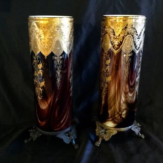 ANTIQUE MOSER PAIR HUGE GLASS VASES,  BRONZE BOTTOM GOLD & ENAMEL DECORATION. 12