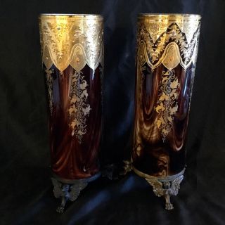 Antique Moser Pair Huge Glass Vases,  Bronze Bottom Gold & Enamel Decoration.