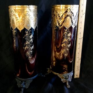 ANTIQUE MOSER PAIR HUGE GLASS VASES,  BRONZE BOTTOM GOLD & ENAMEL DECORATION. 3