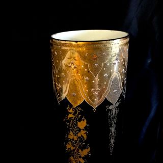 ANTIQUE MOSER PAIR HUGE GLASS VASES,  BRONZE BOTTOM GOLD & ENAMEL DECORATION. 6