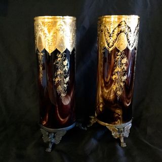 ANTIQUE MOSER PAIR HUGE GLASS VASES,  BRONZE BOTTOM GOLD & ENAMEL DECORATION. 8
