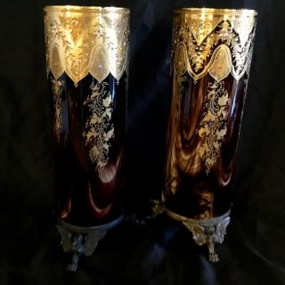 ANTIQUE MOSER PAIR HUGE GLASS VASES,  BRONZE BOTTOM GOLD & ENAMEL DECORATION. 9