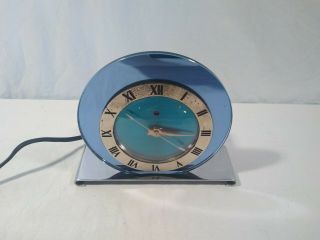 Vintage Telechron " Luxor " 4f65 Art Deco Clock Blue Mirror Mid Century (runs)