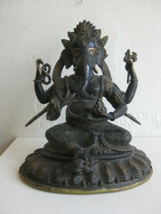 Fine Old India Hindu Sitting 4 Arm Lord Ganesha Deity Bonze Statue Sculpture Big