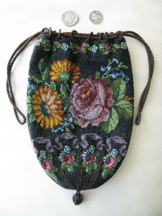 Antique Victorian Crochet Black Orange Floral French Micro Bead Drawstring Purse
