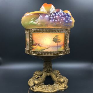 Antique Tiffin Fruit Basket Lamp Reverse Painted Koi Lamp Stained Slag Tiffany