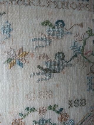 Antique c.  1808 SAMPLER w/ Birds Flowers Angels boat house people trees Dogs 10