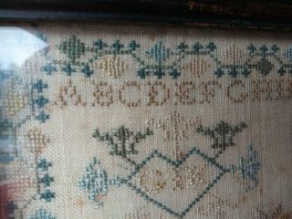 Antique c.  1808 SAMPLER w/ Birds Flowers Angels boat house people trees Dogs 11