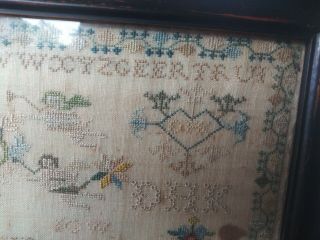 Antique c.  1808 SAMPLER w/ Birds Flowers Angels boat house people trees Dogs 12