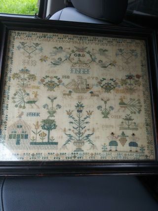 Antique C.  1808 Sampler W/ Birds Flowers Angels Boat House People Trees Dogs