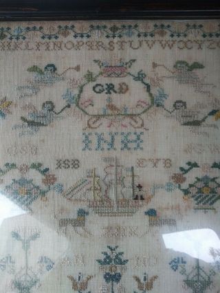 Antique c.  1808 SAMPLER w/ Birds Flowers Angels boat house people trees Dogs 2