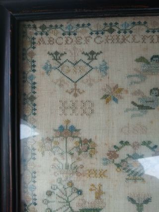 Antique c.  1808 SAMPLER w/ Birds Flowers Angels boat house people trees Dogs 3