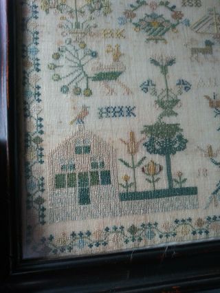 Antique c.  1808 SAMPLER w/ Birds Flowers Angels boat house people trees Dogs 4