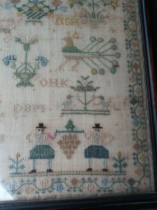 Antique c.  1808 SAMPLER w/ Birds Flowers Angels boat house people trees Dogs 6