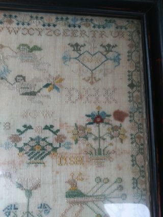 Antique c.  1808 SAMPLER w/ Birds Flowers Angels boat house people trees Dogs 7