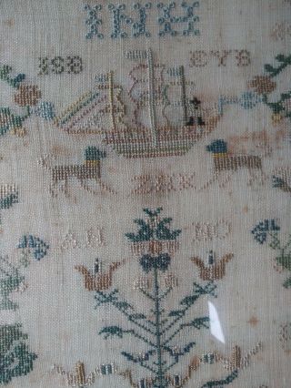 Antique c.  1808 SAMPLER w/ Birds Flowers Angels boat house people trees Dogs 8