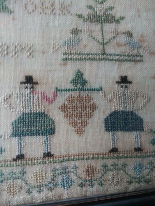 Antique c.  1808 SAMPLER w/ Birds Flowers Angels boat house people trees Dogs 9