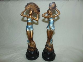 Elegant Art Deco Spelter Figures Of Ladies Dancing With Fan & Tambourine