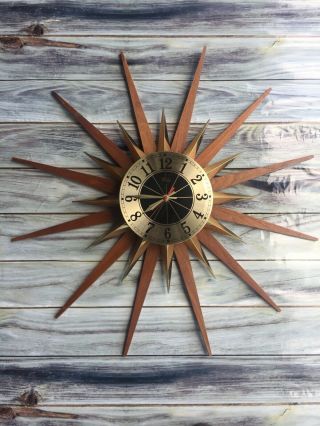 Retro Atomic Welby Sunburst Wall Clock Mid Century Modern Brass