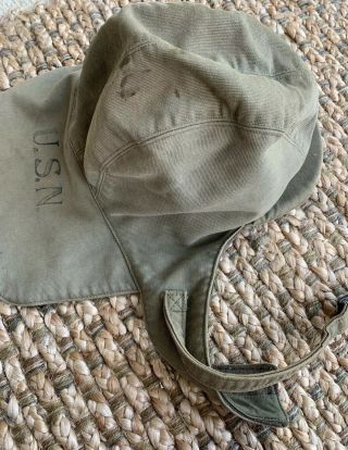 Vintage US Navy USN Military Issued Winter Hat Cap Size 7.  5 Wool Flaps Green 6