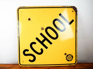 Large Vintage 1950s Metal School Sign Yellow Auto Club Southern California