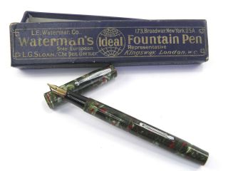 Antique Watermans Ideal Ink Fountain Pen Green Marbled Bakelite Gold Nib