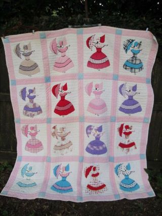 Vintage Hand Stitched Quilt Multi - Color Applique Southern Belle Umbrella 70x80 9