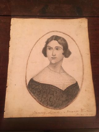 Antique 19th C American Ink Pencil & Sketch Portrait Of A Young Woman Dated 1854