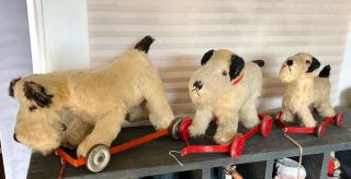 3 Antique Chiltern English Mohair Terrier Dog Pull Toys,  Orig.  Leash 2