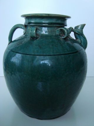 Antique Chinese Song Style Stoneware Green Glaze Wine Jug Or Water Jar 10  High