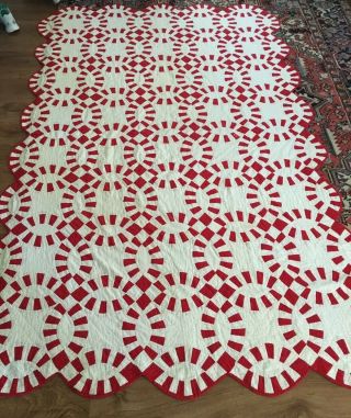 Unusual Vintage Red & White Double Wedding Ring Quilt 96 " X 60 " Mid 20th Century