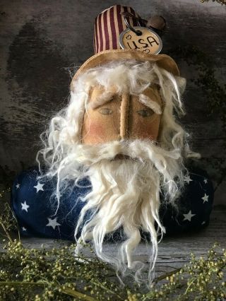 Primitive Handcrafted Patriotic Sam Doll Shelf Sitter Ornies Uncle Sam