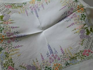 Vintage Hand Embroidered Linen Tablecloth Floral Vgc Spring Flowers Art Deco